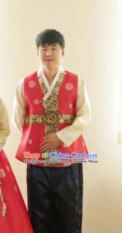 Korean Traditional Pink Vest and Black Pants Hanbok Asian Korea Bridegroom Fashion Costume for Men