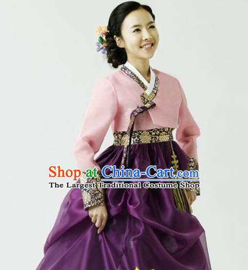Korean Traditional Court Hanbok Pink Blouse and Purple Dress Garment Asian Korea Fashion Costume for Women