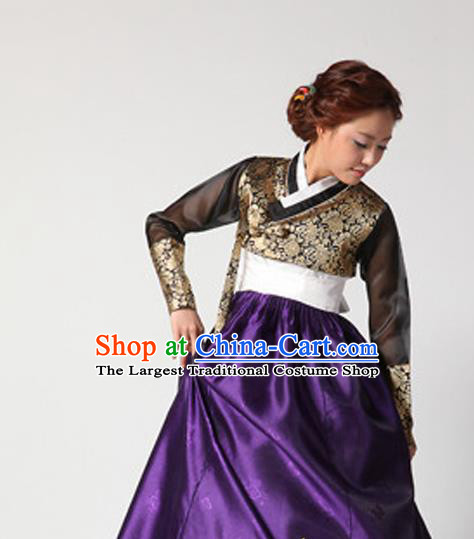 Korean Traditional Court Hanbok Black Blouse and Purple Dress Garment Asian Korea Fashion Costume for Women
