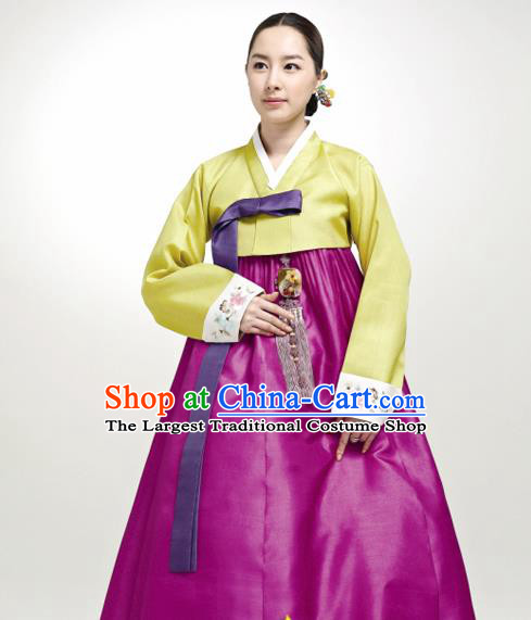 Korean Traditional Court Hanbok Yellow Satin Blouse and Purple Dress Garment Asian Korea Fashion Costume for Women