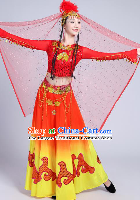 Chinese Traditional Uyghur Nationality Red Dress Uigurian Ethnic Folk Dance Costume for Women