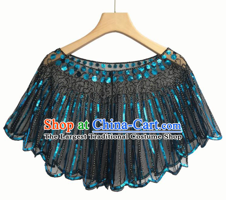 Top Professional Latin Dance Blue Sequins Cloak Modern Dance Blouse Stage Performance Costume for Women