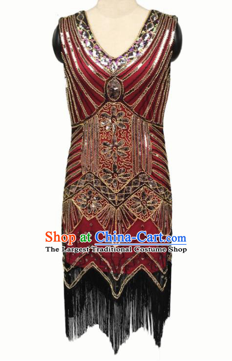 Top Professional Latin Dance Golden Sequins Tassel Red Short Dress Modern Dance Stage Performance Costume for Women