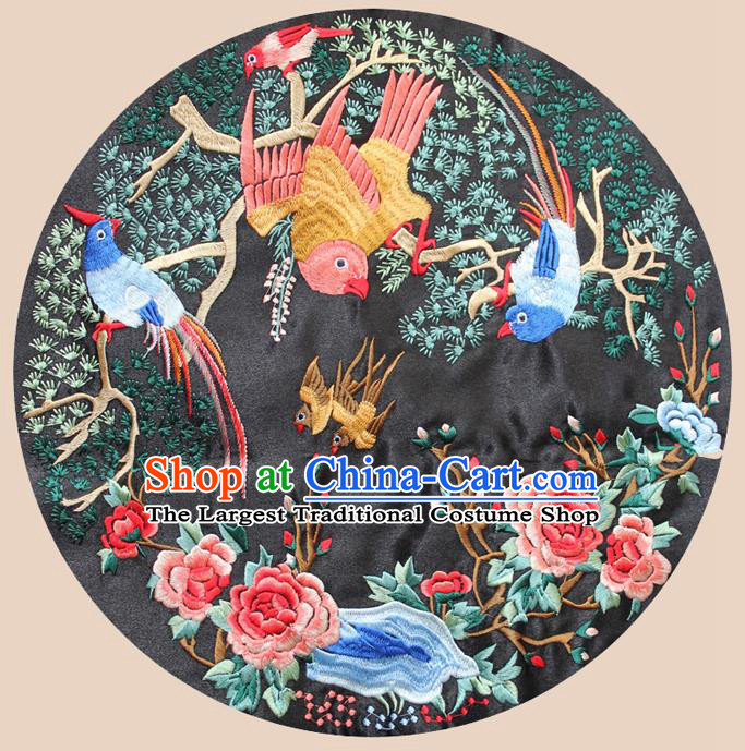 Chinese Traditional Embroidered Peony Birds Black Round Patch Embroidery Craft Embroidering Accessories