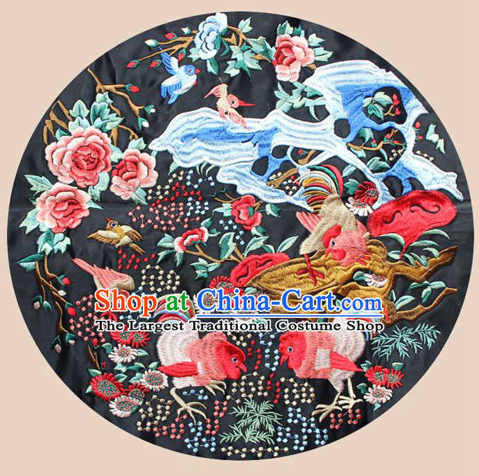 Chinese Traditional Embroidered Pheasant Peony Black Round Patch Embroidery Craft Embroidering Accessories