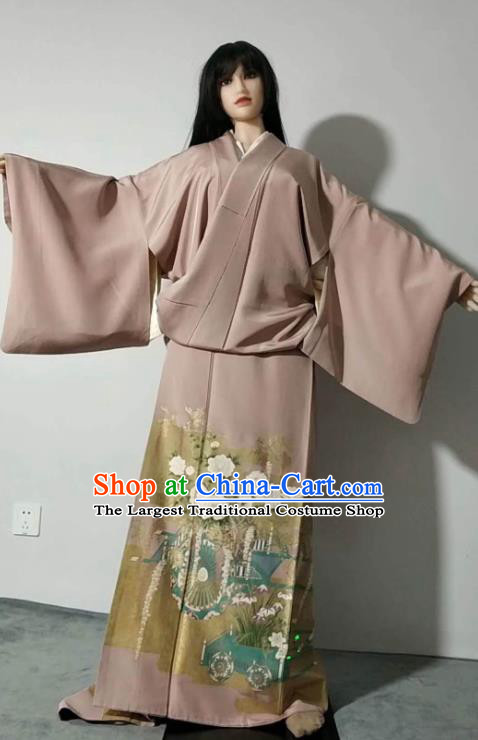 Traditional Japan Geisha Printing Peony Furisode Kimono Asian Japanese Fashion Apparel Costume for Women