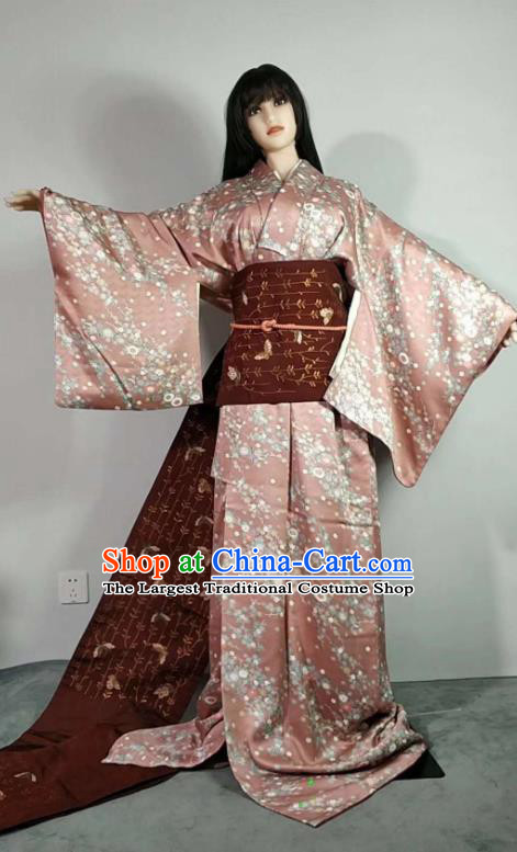 Traditional Japan Geisha Printing Chrysanthemum Pink Brocade Furisode Kimono Asian Japanese Fashion Apparel Costume for Women