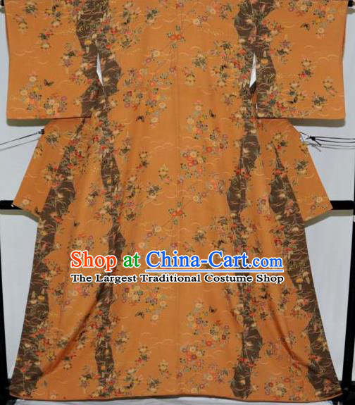 Traditional Japan Geisha Printing Ginger Furisode Kimono Asian Japanese Fashion Apparel Costume for Women