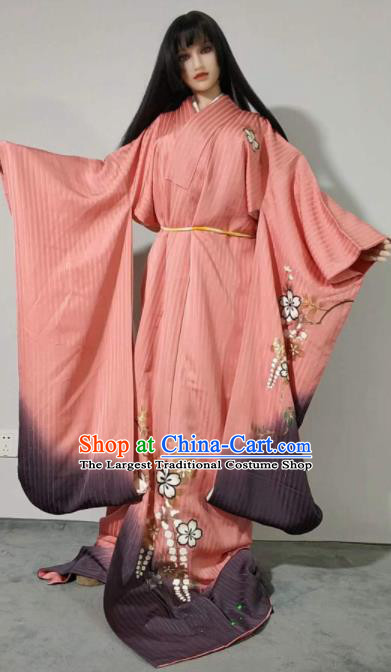 Traditional Japan Geisha Printing Sakura Pink Furisode Kimono Asian Japanese Fashion Apparel Costume for Women