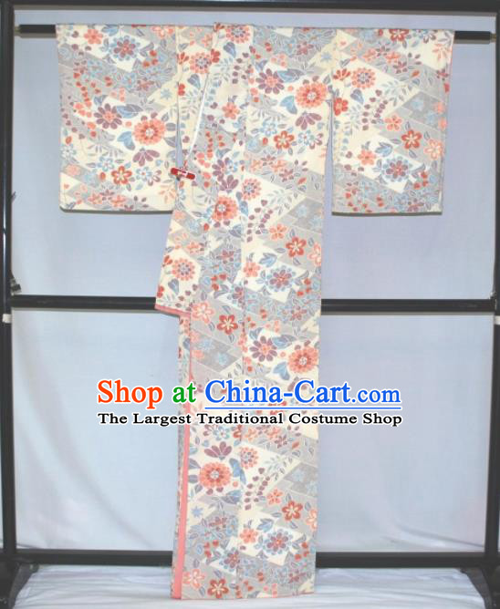 Traditional Japan Geisha Printing Silk Furisode Kimono Asian Japanese Fashion Apparel Costume for Women