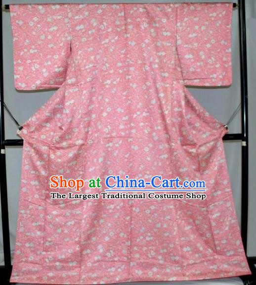 Traditional Japan Geisha Printing Sakura Pink Silk Furisode Kimono Asian Japanese Fashion Apparel Costume for Women