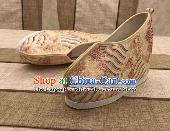 Chinese Traditional Classical Wave Pattern Golden Satin Embroidered Shoes Princess Shoes Opera Shoes Hanfu Shoes for Women