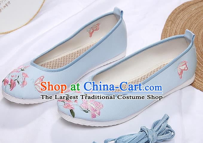 Chinese Traditional Blue Embroidered Flowers Butterfly Shoes Opera Shoes Hanfu Shoes Wedding Shoes for Women