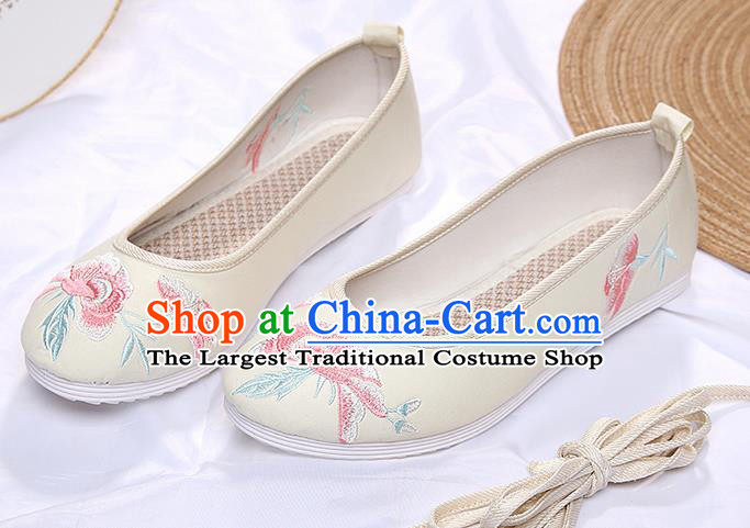 Chinese Traditional Beige Embroidered Peony Shoes Opera Shoes Hanfu Shoes Wedding Shoes for Women