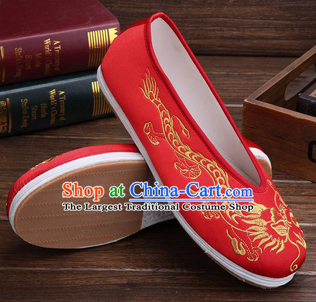 Chinese Traditional Red Embroidered Dragon Shoes Handmade Hanfu Shoes Wedding Shoes for Men