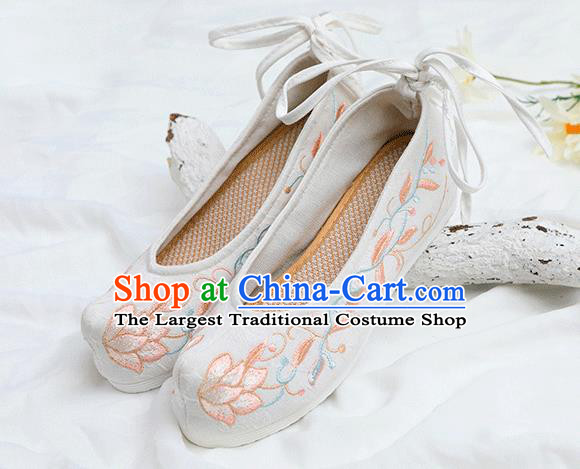 Chinese Traditional Embroidered Lotus White Shoes Opera Shoes Hanfu Shoes Wedding Shoes for Women
