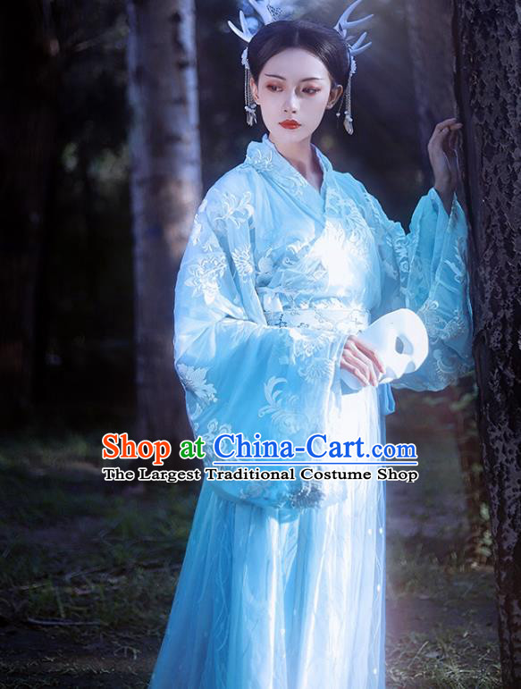 Traditional Chinese Jin Dynasty Imperial Consort Blue Hanfu Dress Ancient Nobility Lady Historical Costumes for Women