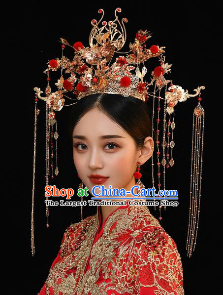 Chinese Traditional Ancient Bride Red Venonat Phoenix Coronet Wedding Hair Accessories for Women
