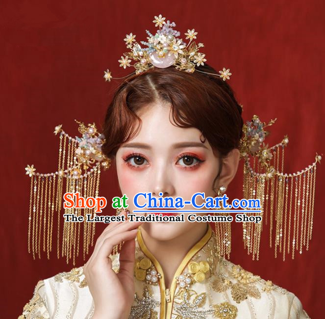Chinese Ancient Pink Jade Hair Comb Bride Headdress Traditional Wedding Hair Accessories for Women
