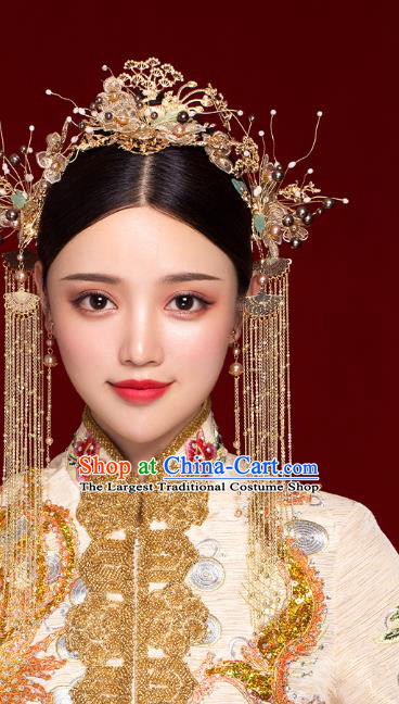 Chinese Traditional Wedding Golden Pine Hair Comb and Tassel Hairpins Ancient Bride Hair Accessories for Women