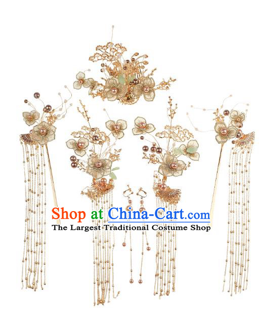 Chinese Traditional Wedding Golden Pine Hair Comb and Tassel Hairpins Ancient Bride Hair Accessories for Women