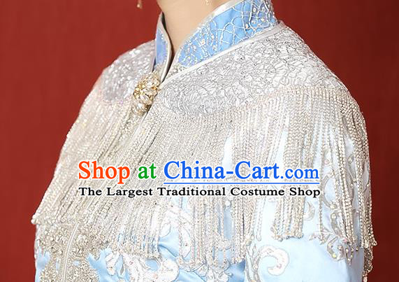 Chinese Ancient Wedding Bride Tassel Grey Shoulder Accessories Traditional Xiuhe Suit Cappa for Women