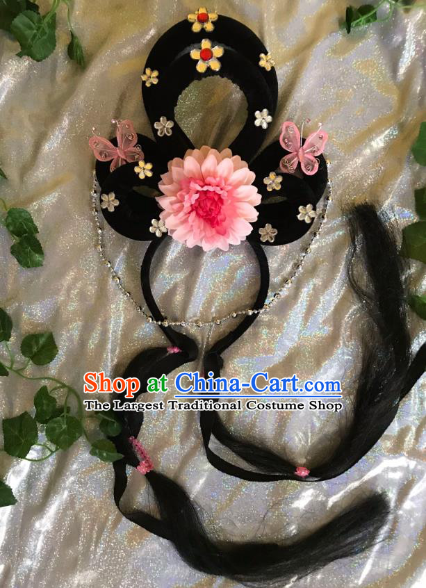 Traditional Chinese Opera Goddess Wig and Light Pink Peony Hairpins Headdress Peking Opera Diva Hair Accessories for Women