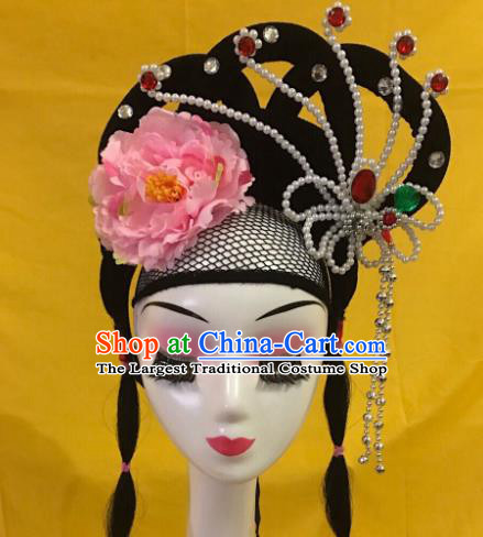 Traditional Chinese Opera Wig Chignon and Pink Peony Hairpins Headdress Peking Opera Diva Hair Accessories for Women