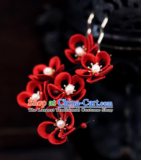 Traditional Chinese Handmade Red Plum Blossom Hairpins Headdress Ancient Hanfu Hair Accessories for Women
