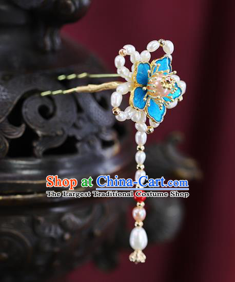 Traditional Chinese Handmade Pearls Plum Blossom Tassel Hairpins Headdress Ancient Hanfu Hair Accessories for Women