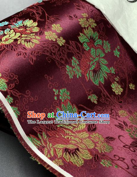 Chinese Classical Peony Pattern Design Wine Red Silk Fabric Asian Traditional Hanfu Material