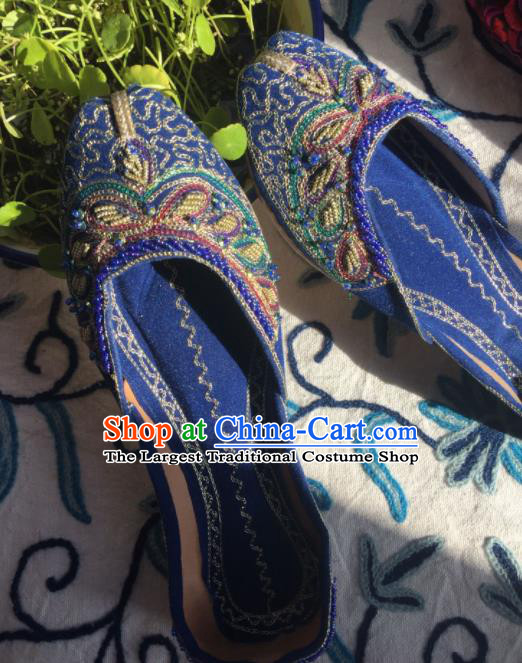 Asian India Traditional Wedding Embroidered Beads Royalblue Shoes Indian Handmade Shoes for Women