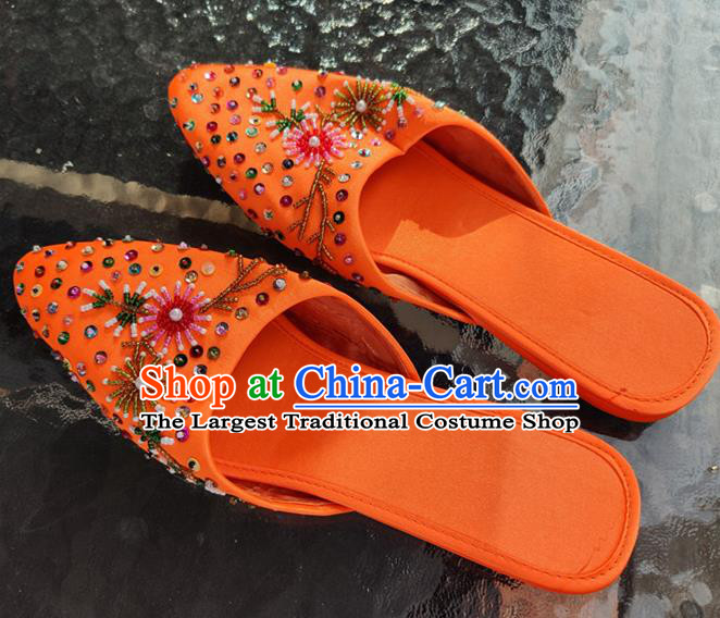 Asian India Traditional Orange Leather Slippers Indian Handmade Shoes for Women