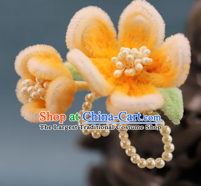 Traditional Chinese Handmade Orange Velvet Plum Hairpin Headdress Ancient Hanfu Hair Accessories for Women
