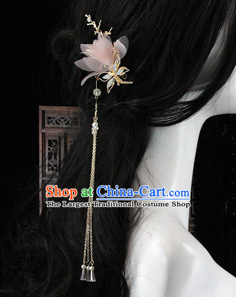 Traditional Chinese Handmade Pink Silk Flower Dragonfly Hairpin Headdress Ancient Hanfu Hair Accessories for Women