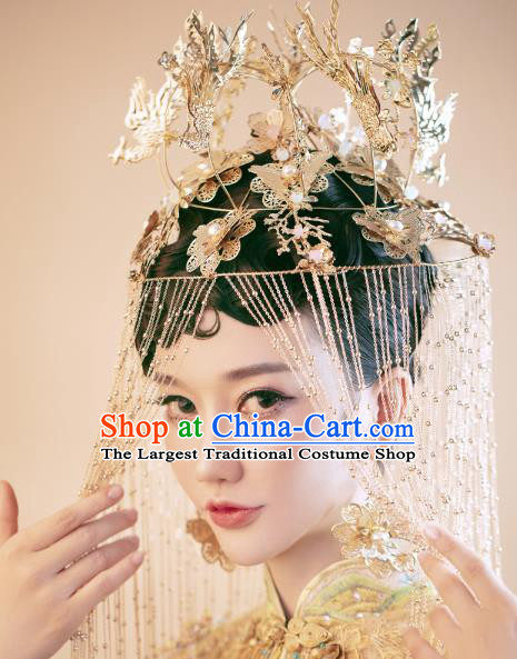 Traditional Chinese Wedding Deluxe Golden Phoenix Coronet Hairpins Headdress Ancient Hair Accessories for Women