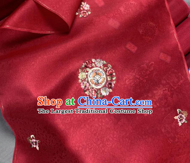 Chinese Traditional Classical Embroidered Butterfly Pattern Design Red Silk Fabric Asian Hanfu Material