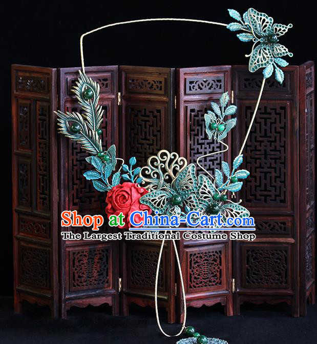 Traditional Chinese Classical Blue Butterfly Fans Ancient Hanfu Wedding Palace Fan for Women