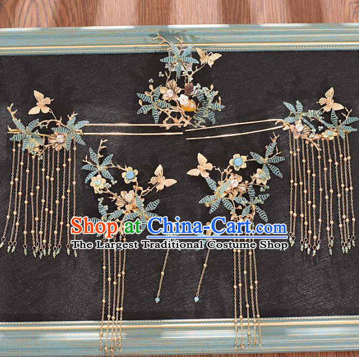 Traditional Chinese Bride Blue Flowers Hair Comb and Tassel Hairpins Headdress Ancient Wedding Hair Accessories for Women