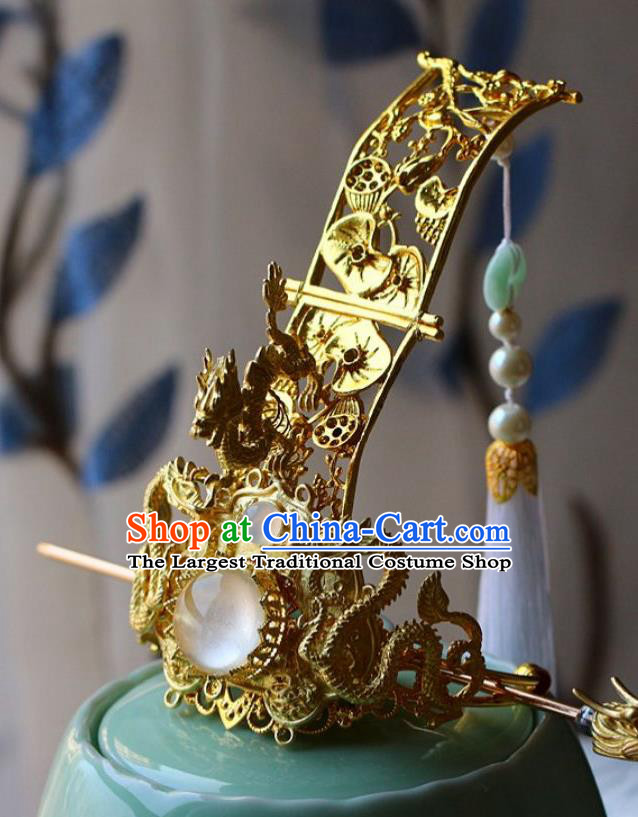 Traditional Chinese Golden Dragons Hairdo Crown and Hairpin Headdress Ancient Swordsman Hair Accessories for Men