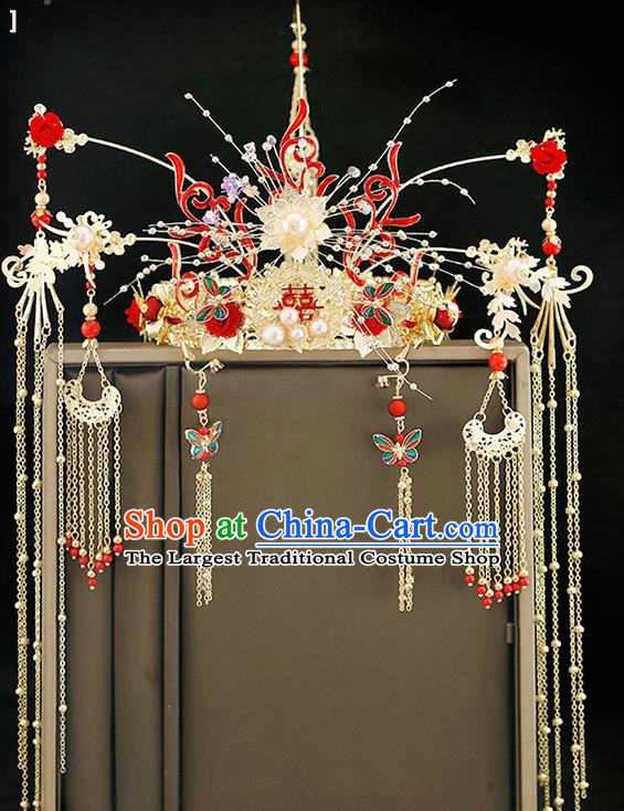 Traditional Chinese Bride Red Rose Phoenix Coronet Headdress Ancient Wedding Hair Accessories for Women