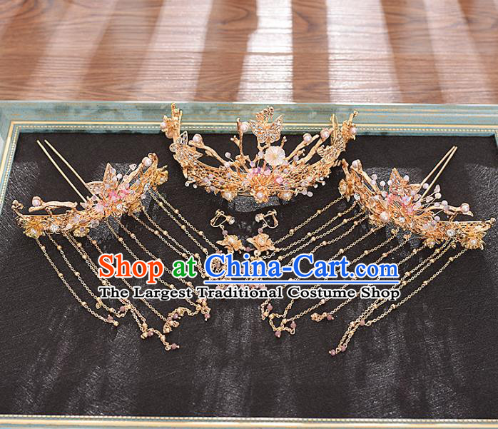 Traditional Chinese Bride Golden Hair Crown and Hairpins Headdress Ancient Wedding Hair Accessories for Women
