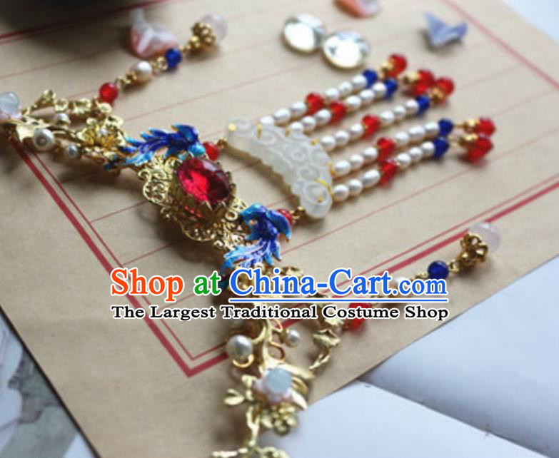 Traditional Chinese Handmade Pearls Tassel Jade Necklace Ancient Hanfu Necklet Accessories for Women