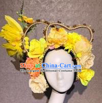 Traditional Chinese Stage Show Yellow Feather Flowers Hair Crown Headdress Handmade Catwalks Hair Accessories for Women