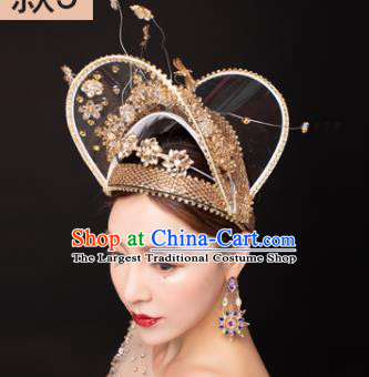Traditional Chinese Stage Show Golden Hat Headdress Handmade Catwalks Hair Accessories for Women