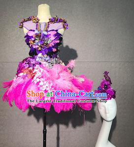 Top Grade Modern Dance Fairy Purple Feather Flowers Short Dress Catwalks Compere Costume for Women