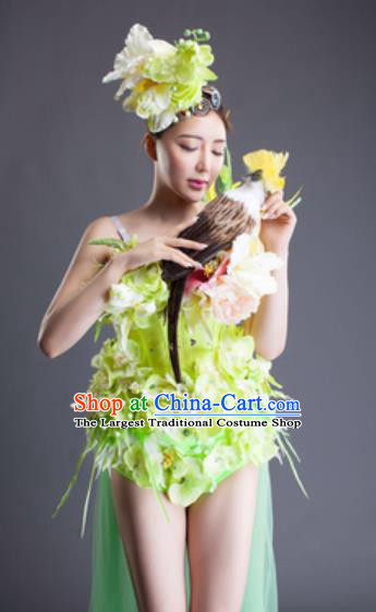 Top Grade Modern Dance Fairy Green Phalaenopsis Flowers Short Dress Catwalks Compere Costume for Women