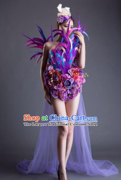 Top Grade Modern Dance Purple Feather Flowers Dress Catwalks Compere Costume for Women