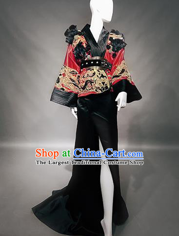 Top Grade Modern Dance Black Dress Catwalks Embroidered Costume for Women