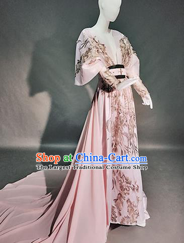 Top Grade Modern Dance Compere Pink Full Dress Catwalks Embroidered Costume for Women